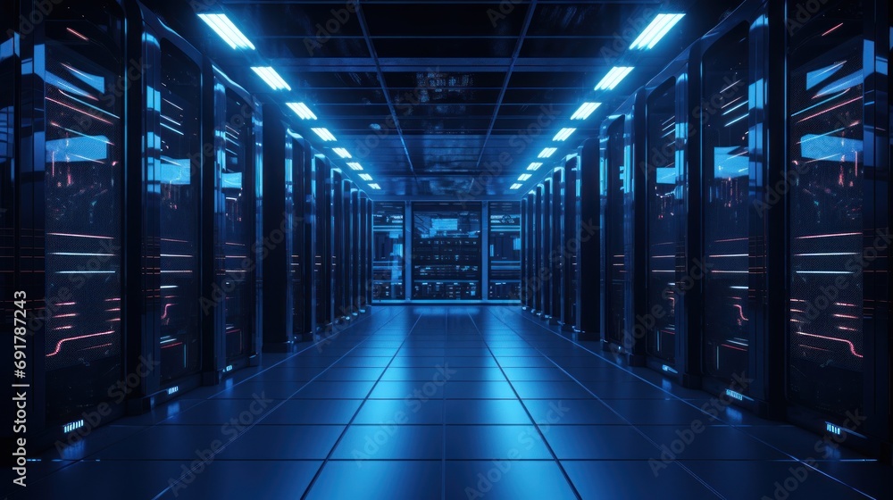 Neon Blue Data Center, Cutting-Edge Infrastructure for Cloud Computing and Artificial Intelligence. Generative Ai Neon Blue Data Center, Cutting-Edge Infrastructure for Cloud Computing and Artificial Intelligence. Generative Ai