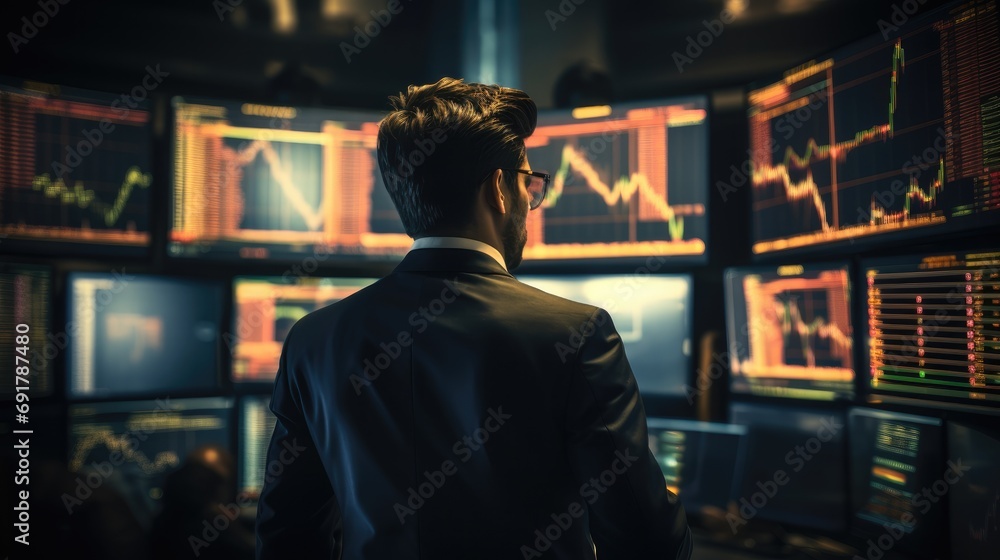 Businessman checking his stocks looking at stock exchanges trading charts. Generative AI.