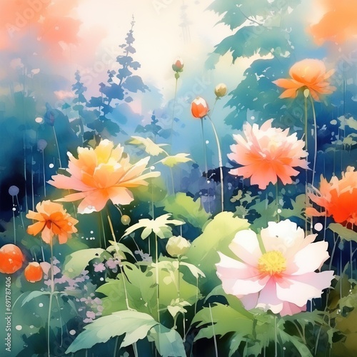 Watercolor Flower at Garder with beautiful environment, Beautiful floral summer watercolor in field wildflowers. Generative AI.
 photo
