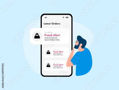 Mobile Fraud Alert - Online e-commerce shopping scam, warning of fraudulent card payment. Credit card declined concept. Hacker stealing money from smartphone payment app. Fraud alert notification