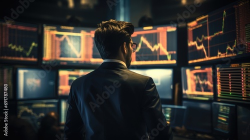 Businessman checking his stocks looking at stock exchanges trading charts. Generative AI.