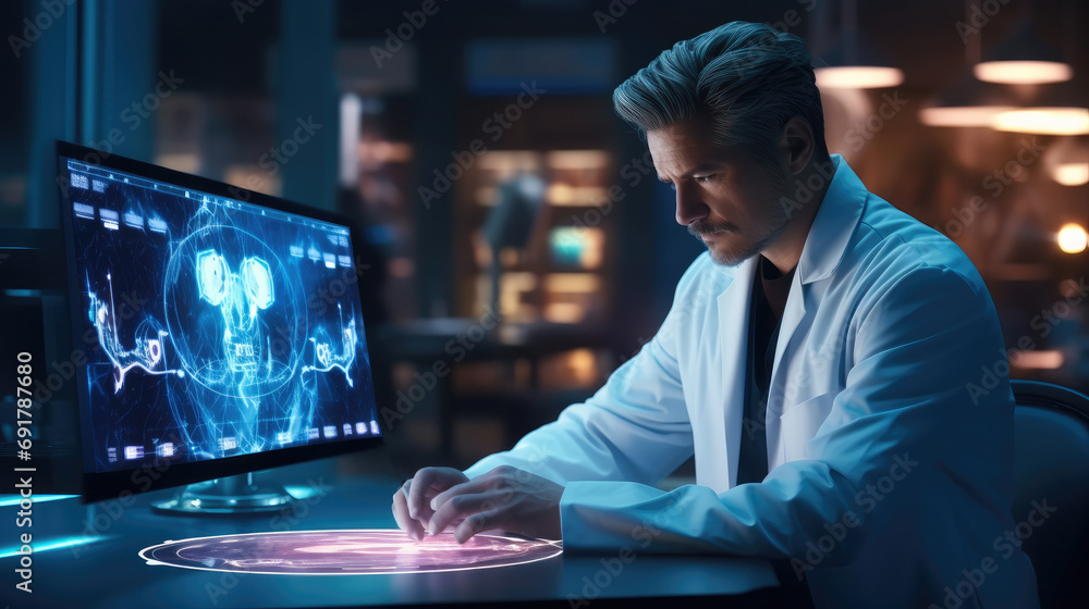 Doctor reviewing the datas from modern diagnostic investigations in laboratory. Generative AI. Doctor reviewing the datas from modern diagnostic investigations in laboratory. Generative AI.