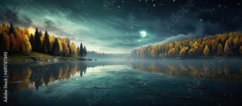 Mystical autumn landscape with clear water reflections, trees, and a starry sky above a forest lake. photo