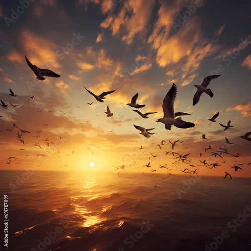 Flocks of migratory birds flying in a V formation against a sunset © Cao