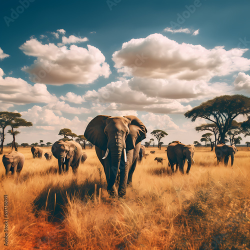 Elephants roaming freely in the African savannah