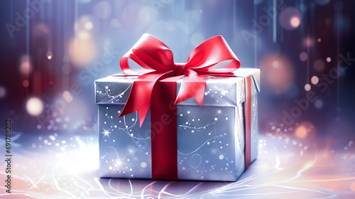 Festive blue gift box with red ribbon and sparkling bokeh - perfect for holiday season greetings. AI Generative