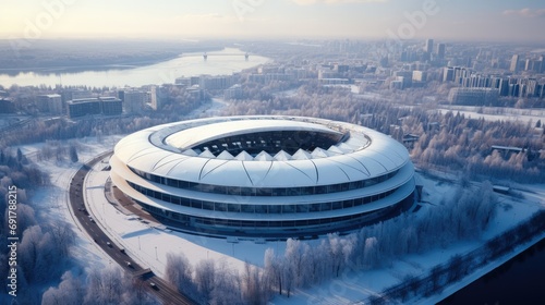 The sports arena are standing the snow next to a river, Aerial view. Generative AI.