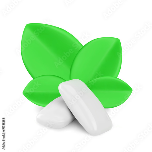 Chewing gum pad with spearmint leaves realistic vector illustration isolated.