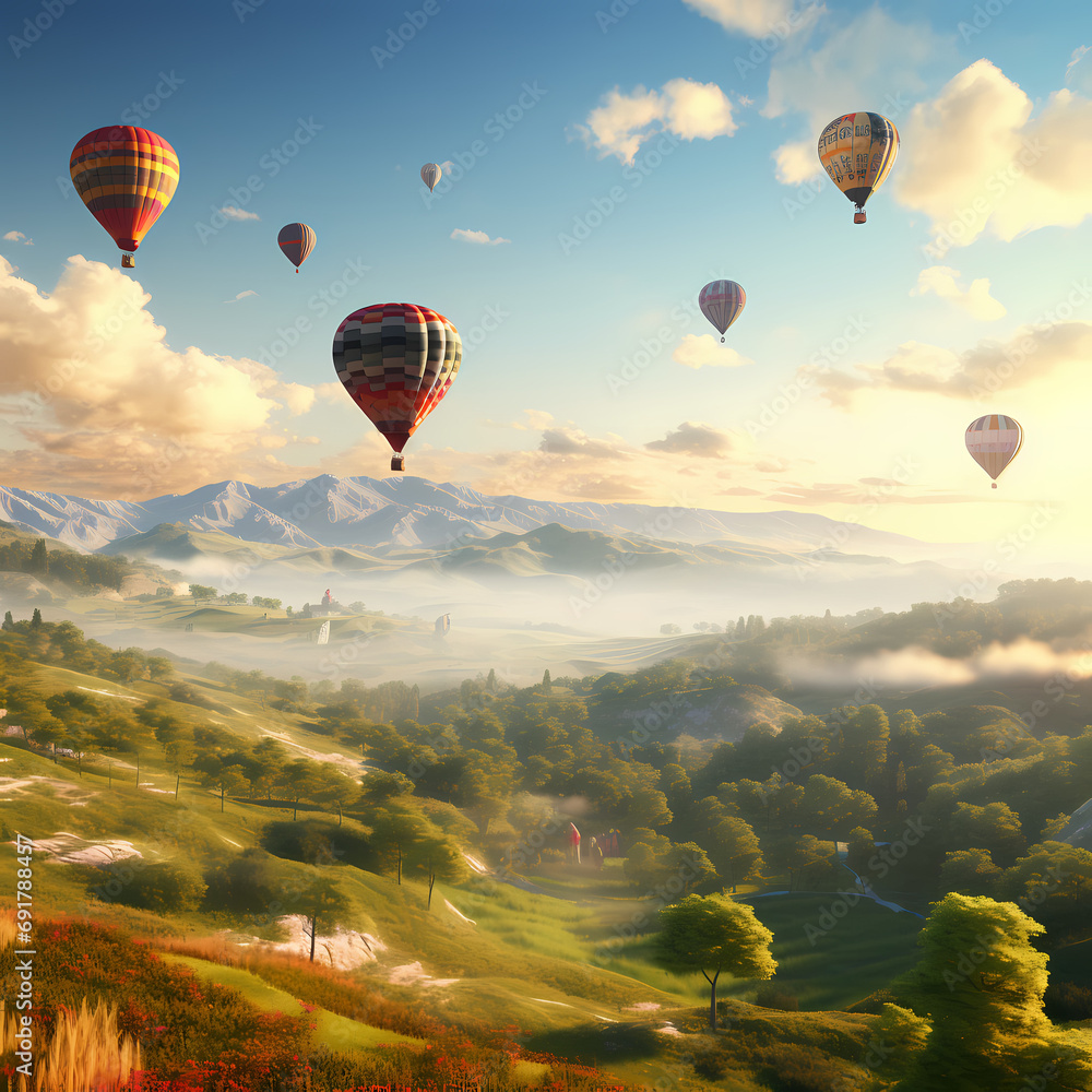 Hot air balloons drifting over a serene countryside at dawn