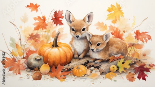 Autumnal watercolor illustration of fox cubs with seasonal harvest. nature and wildlife art.