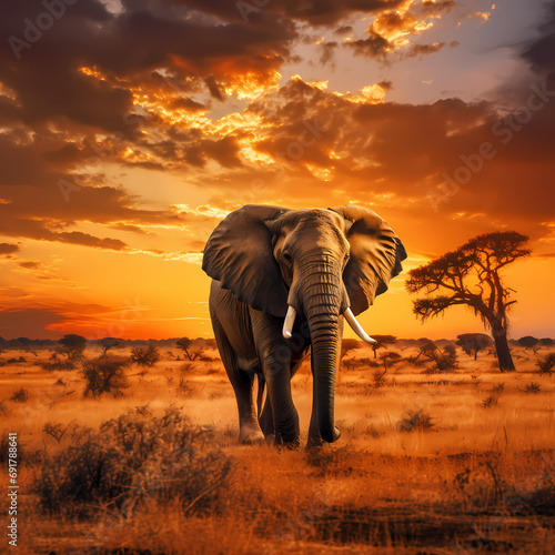 Lone elephant grazing in the golden savannah at sunset