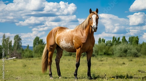 Horse standing in the meadow in a bright sunny day