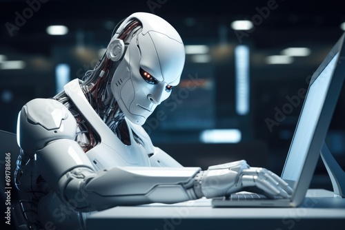 An AI robot sitting on a futuristic desk looking at his computer screen. Generative AI.