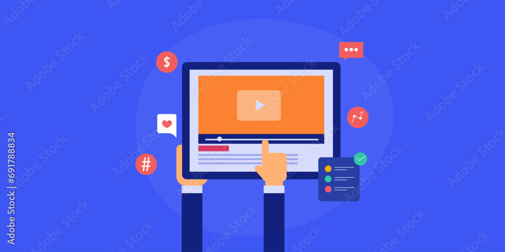 User watching video content on social media, make money concept. Vector illustration. User watching video content on social media, make money concept. Vector illustration.
