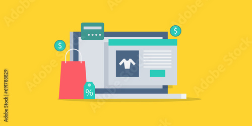 Digital shopping store ecommerce software integrated with online payment system, vector illustration.