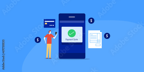Digital payment mobile banking application, customer paying with online wallet, bill payment, online shopping concept.