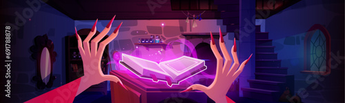 Witch hands conjure over magical flying glowing spell book with pink haze. Dark dungeon or castle room with brick walls and stairs, cabinets with ingredients and accessories for wizard to make potions