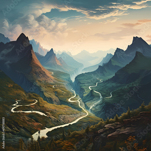 A mountainous landscape with a winding road leading to a distant peak