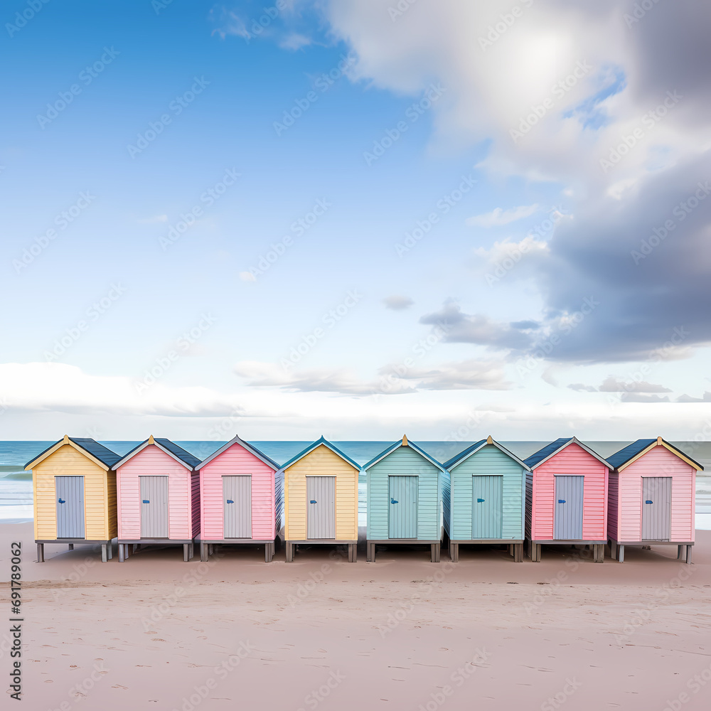 Row of beach huts in pastel colors along a sandy shore