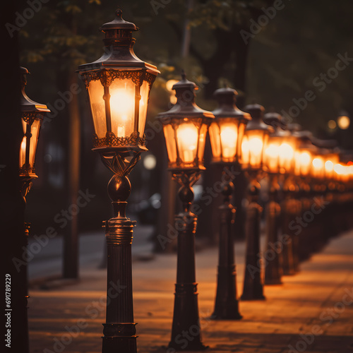 Canvas-taulu Rows of vintage street lamps casting a warm glow on a cobbled street