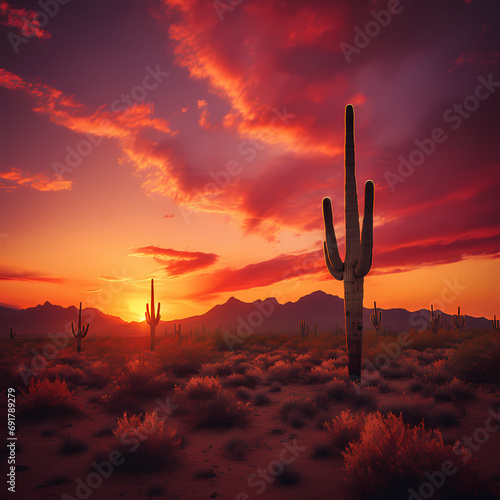 Saguaro cacti silhouetted against a vibrant sunset © Cao