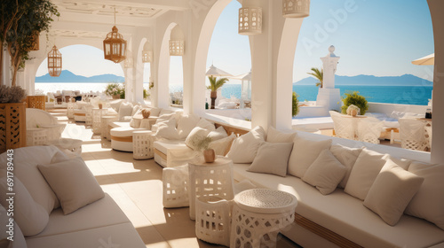 Fototapeta Naklejka Na Ścianę i Meble -  The inside of a beautiful beach club with Tables and sun bed. Generative AI.