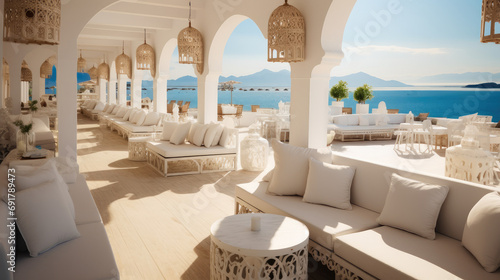 Fototapeta Naklejka Na Ścianę i Meble -  The inside of a beautiful beach club with Tables and sun bed. Generative AI.