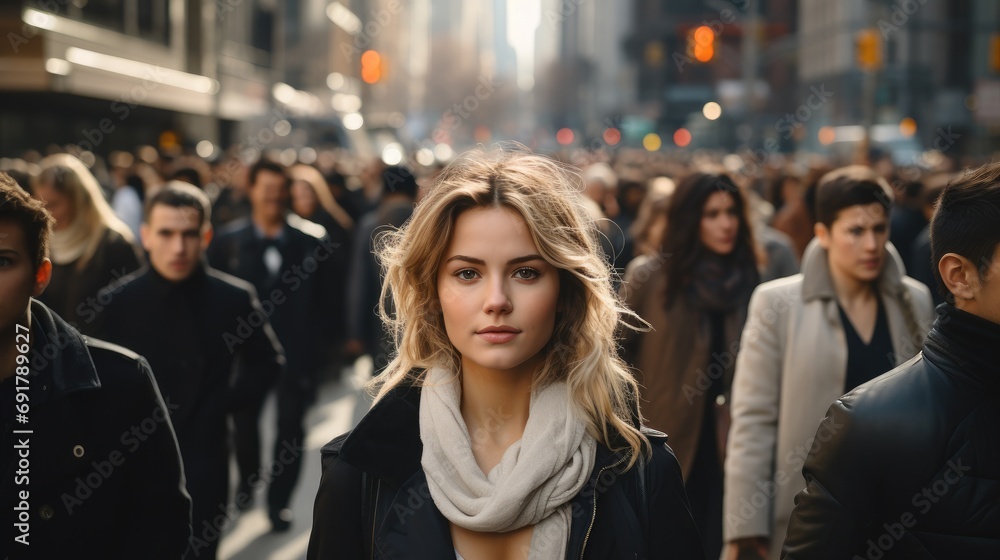 Woman walking on a bustling city street filled with diverse individuals going about their day. Generative AI. - obrazy, fototapety, plakaty 