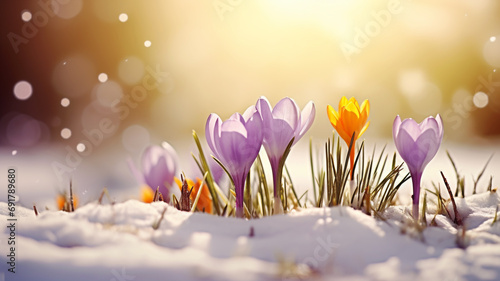Vászonkép Crocus flowers emerge from the snow in early spring