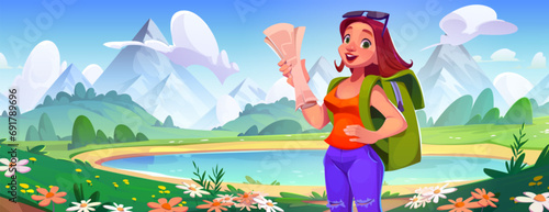 Female tourist with hiking backpack and map in hands stands by lake at foot of mountains. Cartoon vector summer landscape of active recreation and adventure concept with young traveling woman.