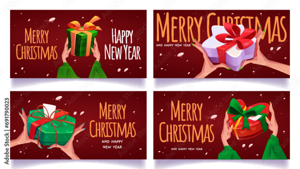 Christmas and New Year congratulation posters with women hands hold wrapped gift boxes decorated with ribbon and bow. Red greeting banners with present packages in receiver arms and signs.