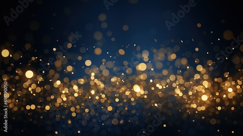 Abstract golden shine particles or gold foil texture with bokeh effect on a dark blue background. Generative AI