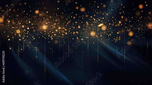 Abstract golden shine particles or gold foil texture with bokeh effect on a dark blue background. Generative AI