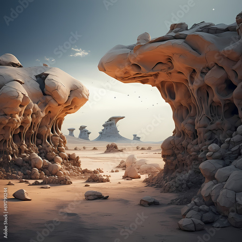 Surreal desert landscape with unique rock formations