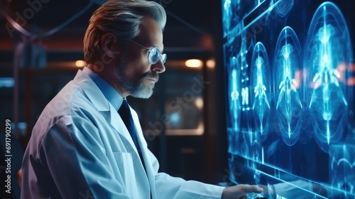 Doctor works with Heart hologram, Heart disease, Health care of the future, Modern Medical Science, Hi Tech Diagnostic Panel. Generative AI. photo