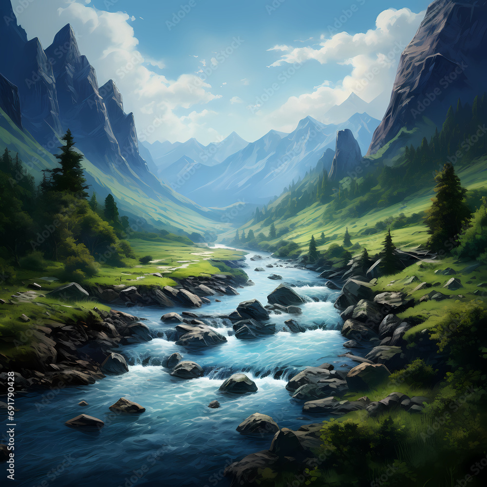 Tranquil river flowing through a lush valley.