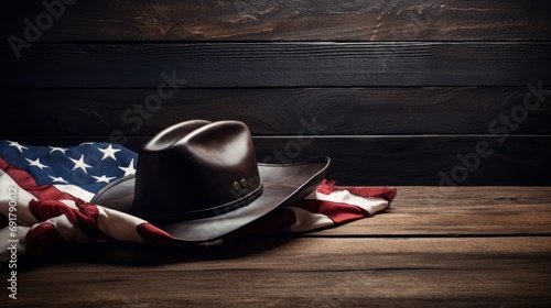An old cowboy hat rests on an American flag on an old empty dark brown wooden table photo