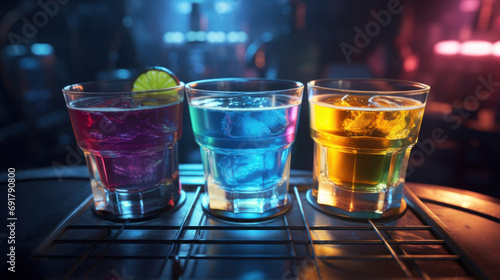 Colorful cocktails on the bar counter in nightclub. Close-up