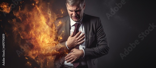 Suffering businessman with stomach issues, experiencing heartburn due to digestive disorder. photo