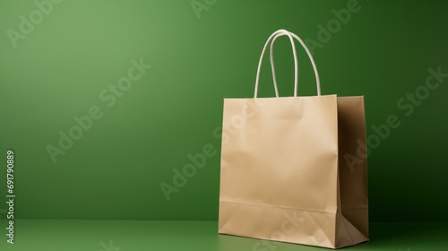 Brown paper shopping bag on green background with copy space.