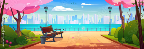 Spring day on city promenade. Vector cartoon illustration of urban park alley with bench, lanterns and pink cherry blossom trees, modern buildings on opposite river bank, birds flying in blue sky