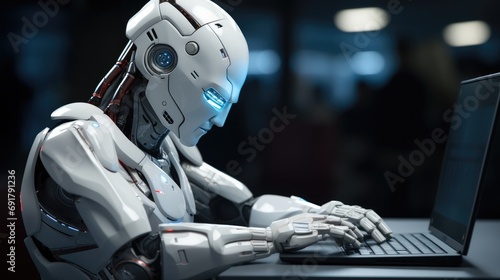 A humanoid robot working on laptop. Generative AI.