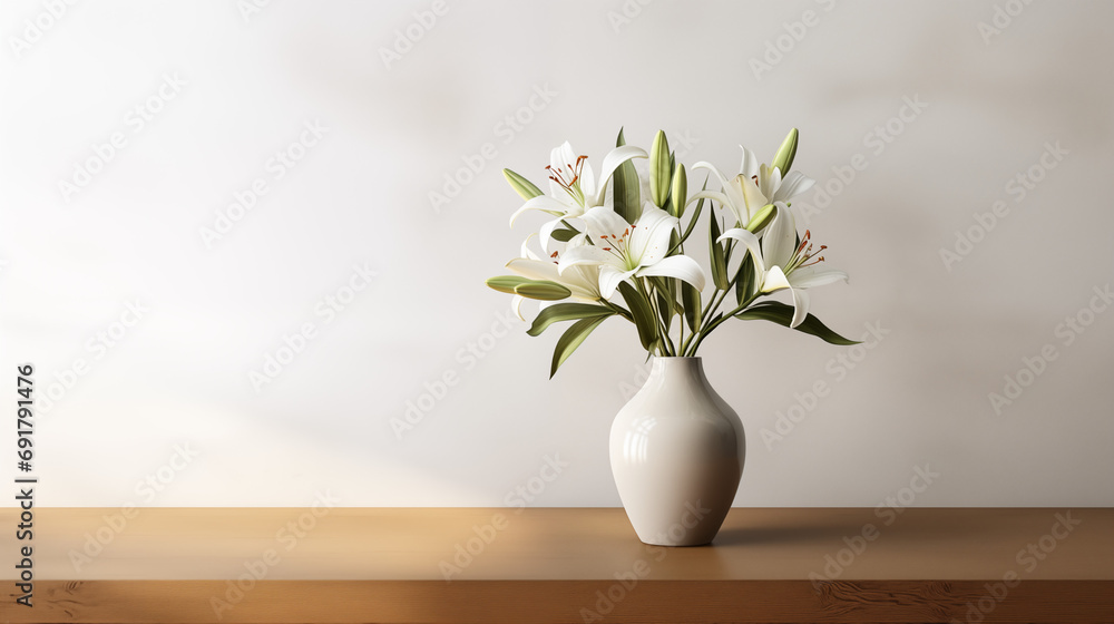 A minimalist flower arrangement. White lily flowers in a ceramic vase against a blank wall. Pretty flower background with room for type. Horizontal wedding banner template.