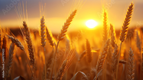 Wheat crop in the field at sunset