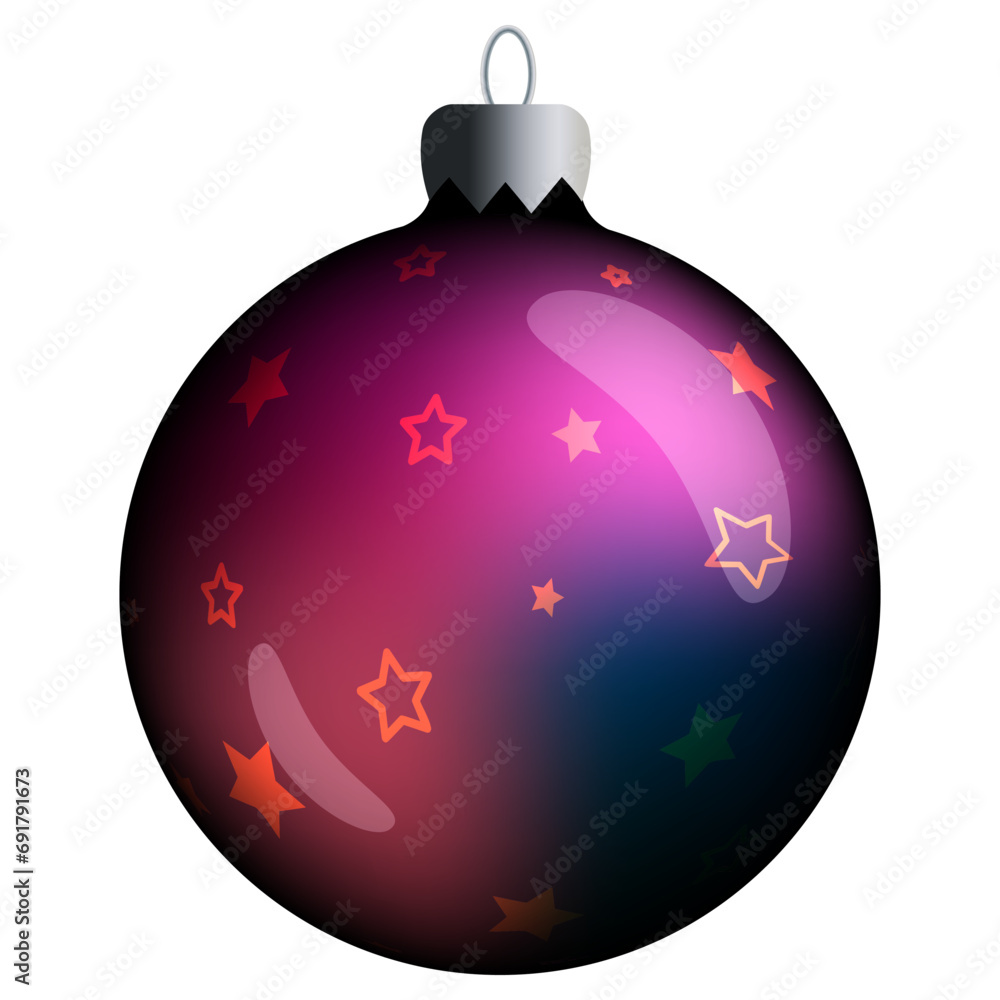 Realistic round Christmas ball with purple and blue gradient, stars and flares isolated on a white background. Clipart for christmas tree. Realistic round Christmas ball with purple and blue gradient, stars and flares isolated on a white background. Clipart for christmas tree.