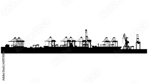 Cargo port silhouette with cranes isolated on white background. Parallax layer.