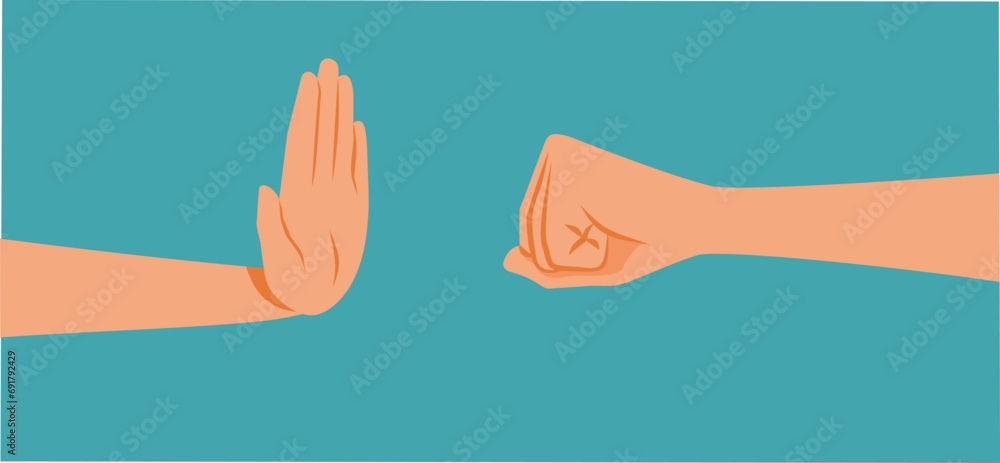 Hand of a Victim Making Stop Gesture Vector Illustration. Domestic violence concept drawing of a woman defending herself against aggressor 
 - obrazy, fototapety, plakaty 