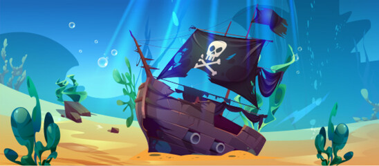 Wandcirkels Piraten Wrak piratenschip met schatkist onderwater  © klyaksun