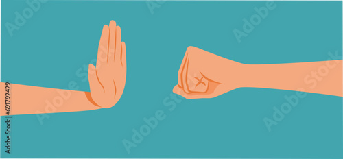 Hand of a Victim Making Stop Gesture Vector Illustration. Domestic violence concept drawing of a woman defending herself against aggressor 
 photo