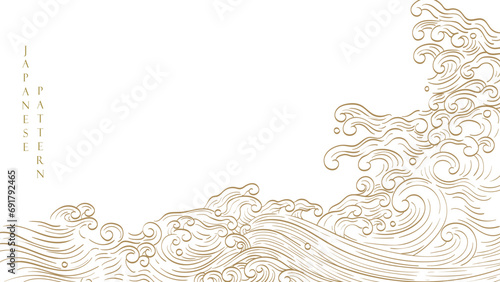 Nature art background with Chinese wave and cloud template in oriental style. Abstract art with Japanese ocean sea pattern vector. Hand drawn line element